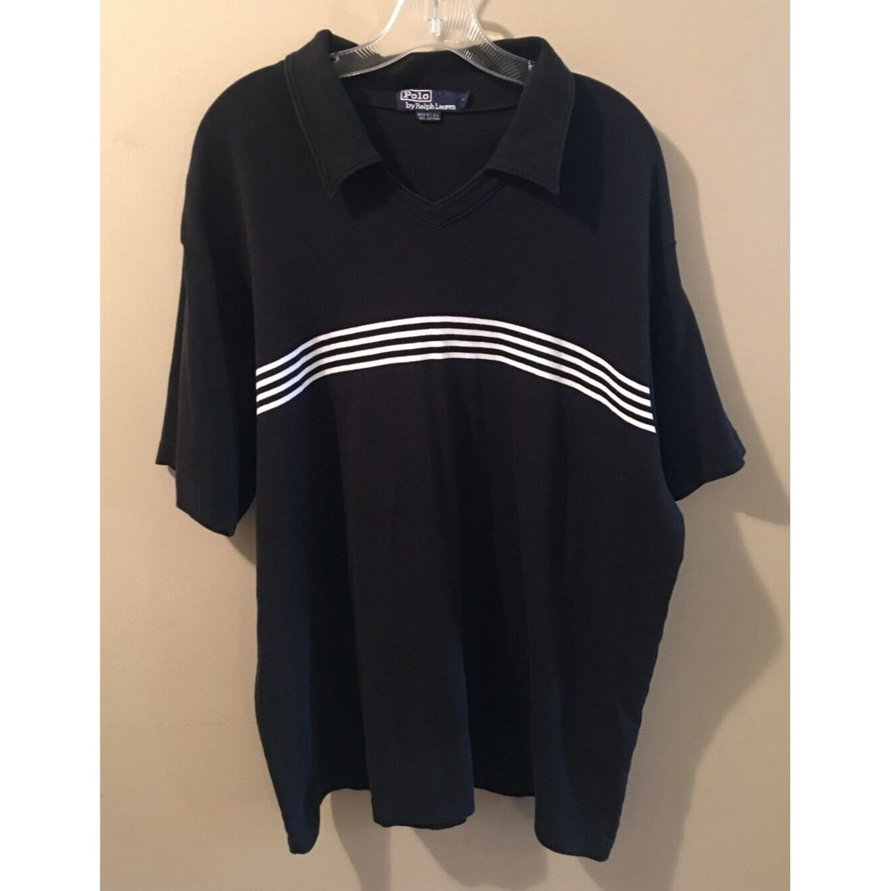 VTG Polo Ralph Lauren Collared V-Neck Black White Stripes USA Made Men's Sz XL